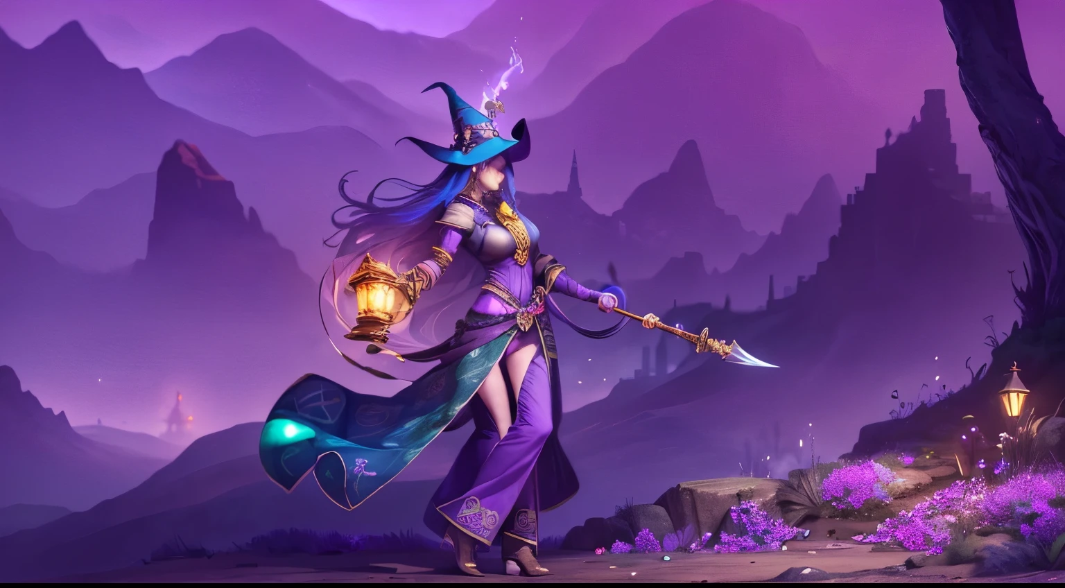 A fantasy character standing confidently in a surreal, mountainous landscape dominated by shades of purple and pink, creating a mystical atmosphere. The character wields a massive hammer crafted from the shell or skull of a creature. She wears a vibrant purple outfit, featuring wide pants with golden geometric patterns on the cuffs and hems. The character also dons a pointed purple hat with ornamental details, emphasizing a magical or wizard-like aesthetic, hiding her face. Her hands are covered in black gloves, and a belt adorned with small accessories is visible. A glowing green lamp hangs from her hip, emitting a soft light that contrasts with the surroundings. The scene blends magical fantasy elements with an otherworldly vibe, enhanced by the rugged terrain and misty backdrop.