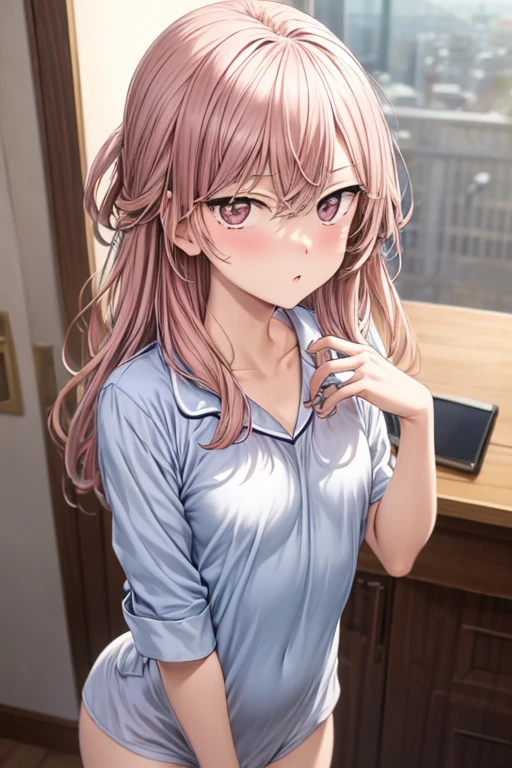 ((best quality)), ((masterpiece)), (detailed), Sajuna Inui, looking at the viewer, small breasts, long hair, pink hair, white pajama