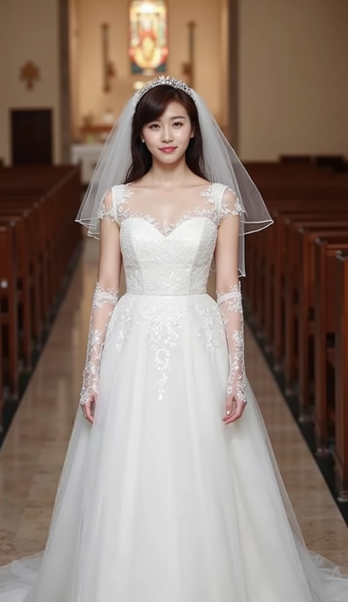 Front view, full body, standing pose,  on church floor Japanese girls 20-age , looking at viewer, Japanese fashion model ,(middle black hair, detail face, cute face, beautiful eyes, Small lips, smile), (middle breasts, middle hip, slender body),(White  Wedding long dress with embroidery, and white see-through veil, white long lace glove, white stocking,  white hi-heal), (masterpiece, Best Quality, high resolution on down, Realistic, sharp, RAW photos from the last century, wallpaper, perfection, Professional Lighting, very detailed)