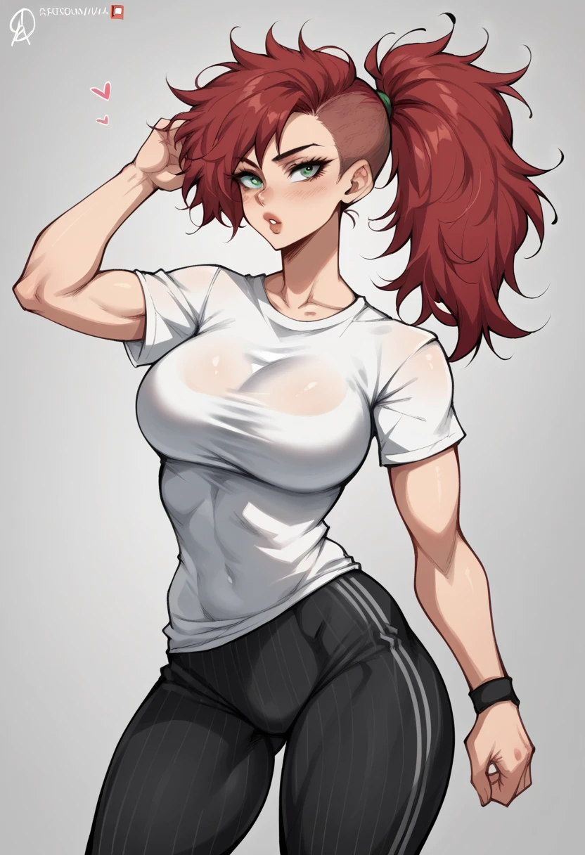 1girl, solo, beautiful woman, dark red hair, messy hair, asymmetrical hair, bangs, ponytail, green eeys, big breasts, fit body, hourglass figure, wide hips, athletic, toned, cleavege, decolette, collarbone, small t-shirt, tight t-shirt, short sleeves, tight sleeves, compression fit shirt, black pants with pinstripes, pinstripe pants