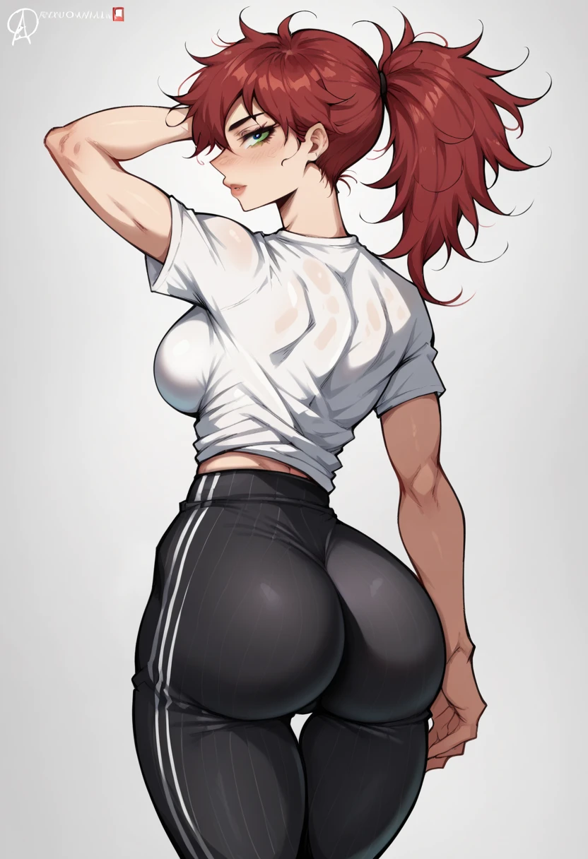 1girl, solo, beautiful woman, dark red hair, messy hair, asymmetrical hair, bangs, ponytail, green eeys, big breasts, fit body, hourglass figure, wide hips, athletic, toned, cleavege, decolette, collarbone, small t-shirt, tight t-shirt, short sleeves, tight sleeves, compression fit shirt, black pants with pinstripes, pinstripe pants, back towards viewer, ass towards viewer, glance behind shoulder