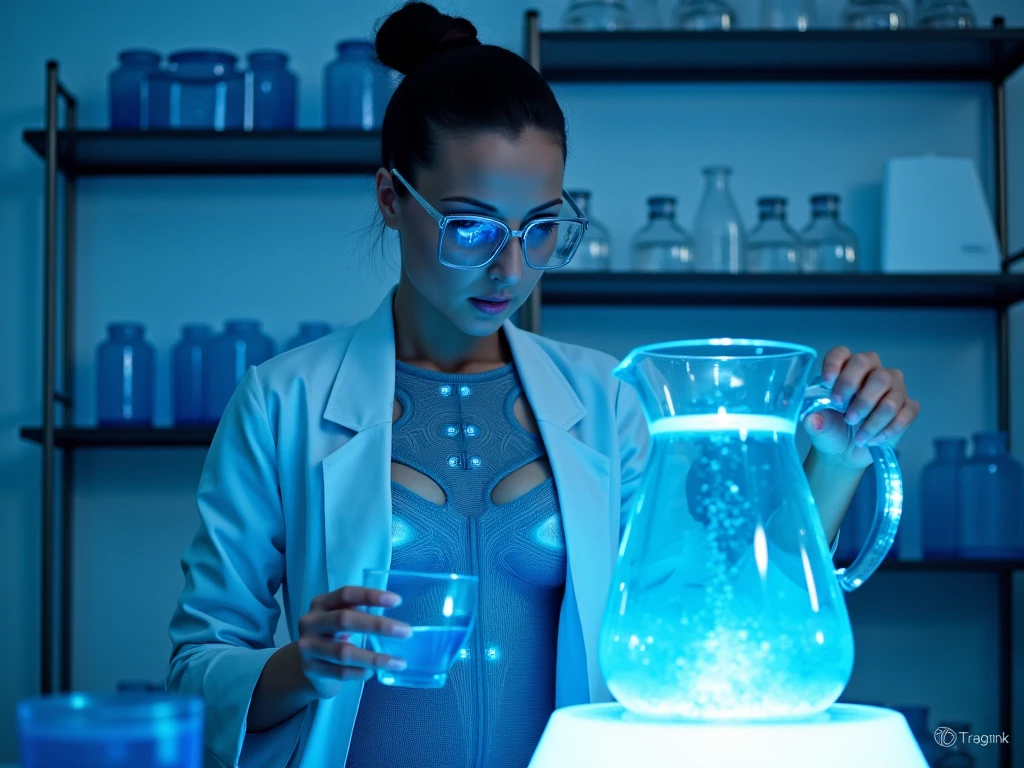 A futuristic female scientist in a high-tech laboratory is conducting an experiment. She is wearing a sleek, form-fitting white lab coat with glowing blue accents, matching her sci-fi-themed attire. Her attire reveals a detailed high-tech bodysuit underneath with intricate patterns and glowing blue elements. She wears stylish, translucent blue glasses and has her hair tied in a neat bun.

The laboratory is lit with a cool, blue hue, emphasizing the advanced technology around her. Shelves behind her are stocked with futuristic containers and glowing vials. She holds a glowing blue liquid in a transparent glass cup in one hand, while a futuristic pitcher filled with the same liquid sits on a glowing base in front of her. The entire scene exudes a mix of cutting-edge science and sleek design. The ambiance is calm and focused, highlighting the advanced, almost otherworldly setting.