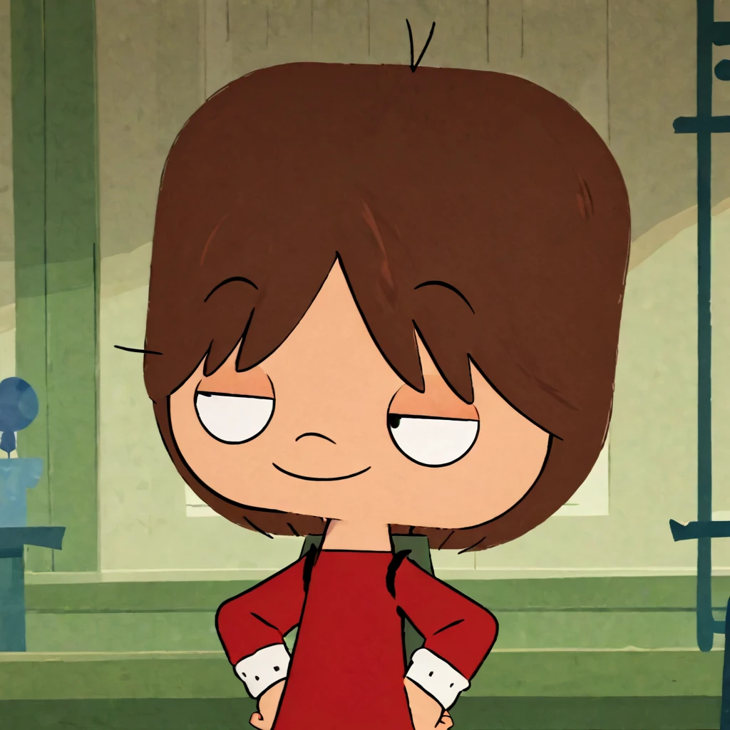 Score_9_up, score_8_up, score_7_up, 1boy, mac, solo, brown hair, red shirt, white long sleeves, backpack, hands on hip, smiling, bedroom