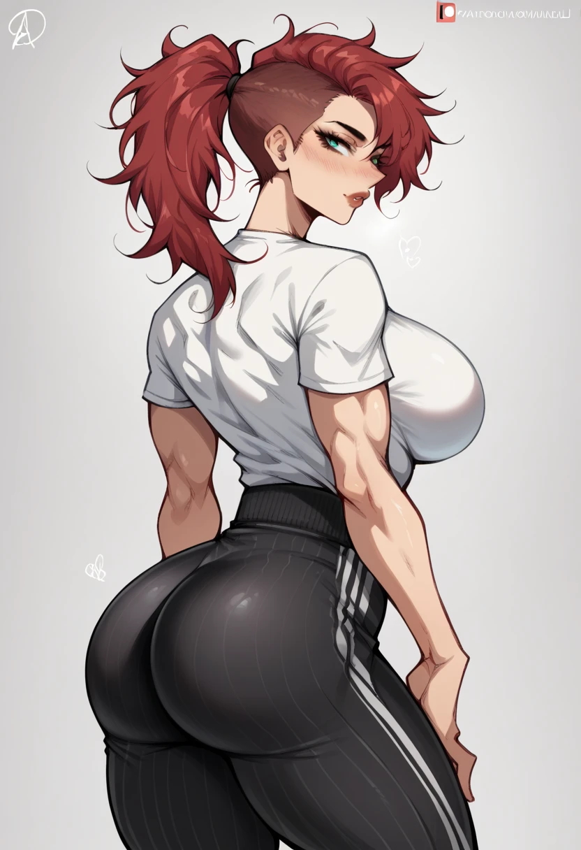 1girl, solo, beautiful woman, dark red hair, messy hair, asymmetrical hair, bangs, ponytail, green eeys, big breasts, fit body, hourglass figure, wide hips, athletic, toned, cleavege, decolette, collarbone, small t-shirt, tight t-shirt, short sleeves, tight sleeves, compression fit shirt, black pants with pinstripes, pinstripe pants, back towards viewer, ass towards viewer, glance behind shoulder