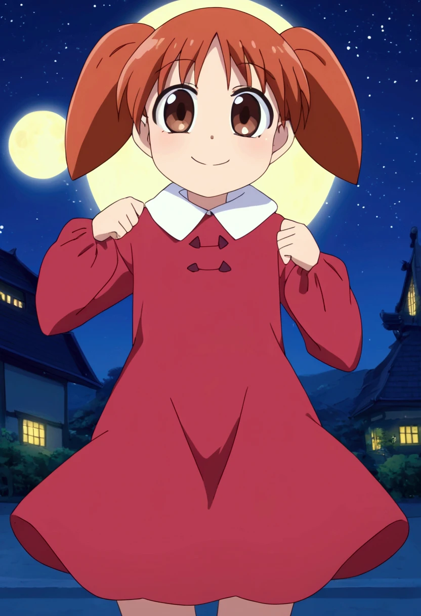 1girl, , chiyo mihama, pigtails, brown eyes, red dress, peter pan collar dress, 3/4 sleeves, smile, best happy new year 2025, night sky, outdoors, looking at viewer, happy new year, full moon, stars, moon light, night, standing, new year,