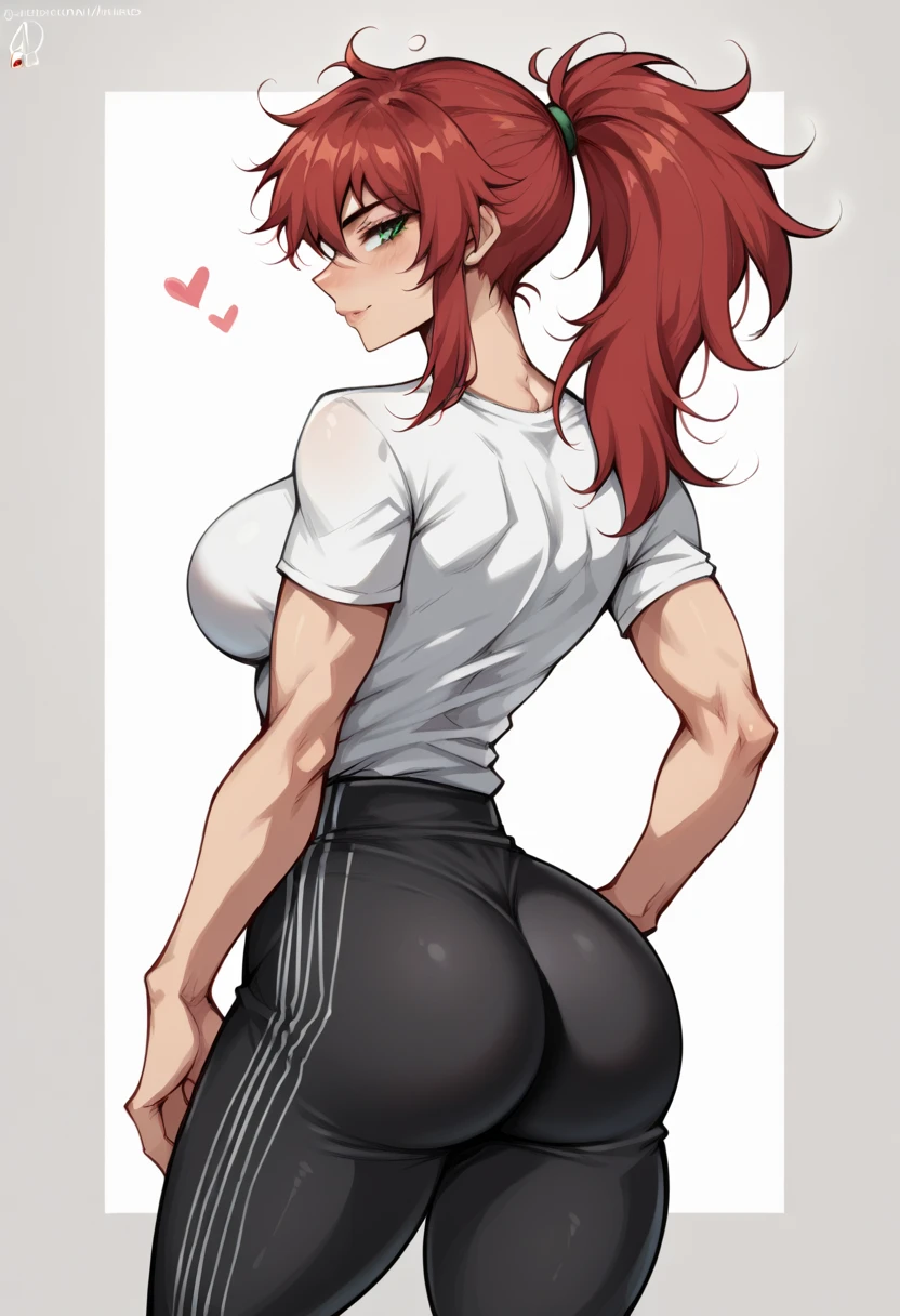 1girl, solo, beautiful woman, dark red hair, messy hair, asymmetrical hair, bangs, ponytail, green eeys, big breasts, fit body, hourglass figure, wide hips, athletic, toned, cleavege, decolette, collarbone, small t-shirt, tight t-shirt, short sleeves, tight sleeves, compression fit shirt, black pants with pinstripes, pinstripe pants, back towards viewer, ass towards viewer, glance behind shoulder