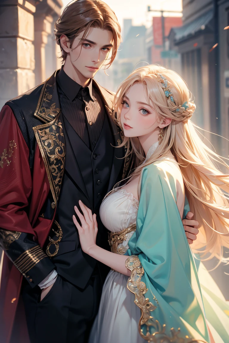 ((realistic)), (masterpiece), (5K), (best quality), 2d Couple, ((a young gray hair couple)), ((a gray long hair woman , vivid eyes, small boobs, red dress)), brown eyes, ultra well detailed eyes, ((a short gray hair guy, wearing a prince cloth, royal clothes)),((a man with a short hair)), beautiful couple pose, (summer night walk),((perfect eyes))