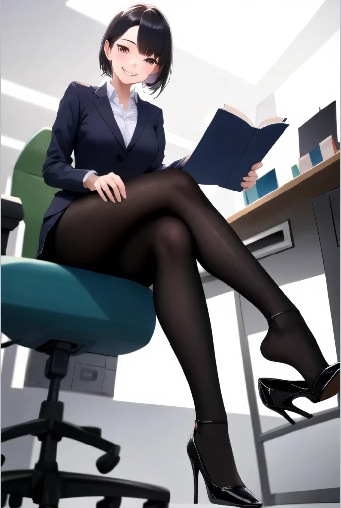masterpiece, highest quality, High resolution, 1girl High heels hanging down, sitting cross-legged, office lady、smile、black tights
