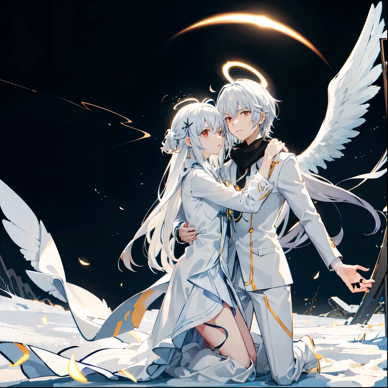 Anime couple hugging and kissing ,  long scarf red color  , Looking forward Man in formal suit wearing a white and platinum lab coat above Man,red eyes, cabello largo color platino anime angel con alas y un halo por encima de la cabeza, anime wallpaper , bíblico preciso angel , angelic, ,  glowing angelic being  , an angel, angelical, hd anime wallpaper , Night, angel, ascension,  Big shiny white wings , , Angelic and Disturbing  , the lilies, ethereal anime, angelic angel alas de angel, white-haired deity,  Glowing Angelic Being , Angelic halo, sacred halo, Un angel,  snowy anime background ,  winner of the pixiv , The Angel of Death with a halo, anime wallpaper, angelic and disturbing,  orange halo around her head ,  ray of light through white hair, bright halo above his head, Looking forward Man in formal suit wearing a white and platinum lab coat above Man,red eyes, cabello largo color platino anime angel con alas y un halo por encima de la cabeza, anime wallpaper , bíblico preciso angel , angelic, angel  glowing angelic being  ,  angel, angelical,  anime wallpaper , Night, angel, ascension,  Big shiny white wings , , Angelic and Disturbing  , the lilies, ethereal anime, angelic halo con alas de angel, white-haired deity,  Glowing Angelic Being , Angelic halo, sacred halo, Un angel, ,  orange halo around her head ,  ray of light through white hair, bright halo above his head, ANGEL HALO shiny white and platinum , masterpiece,  angry face, Ojos rojos,  close up , swirling wind, snowy background ,  ANGEL HALO shiny white and platinum , masterpiece, angry face, Ojos rojos,  close up , swirling wind, snowy background ,  lab coat color white and platinum formal outfit platinum color formal attire complex snowy background 