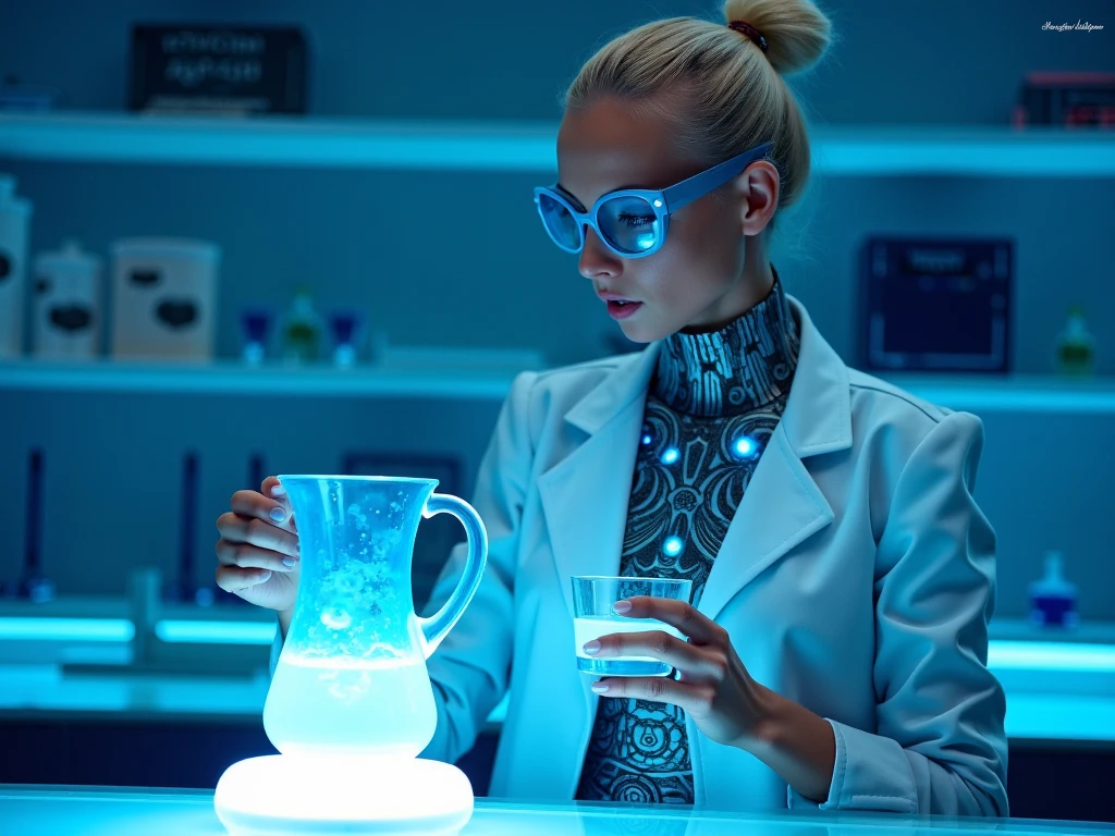 A futuristic female scientist in a high-tech laboratory is conducting an experiment. She is wearing a sleek, form-fitting white lab coat with glowing blue accents, matching her sci-fi-themed attire. Her attire reveals a detailed high-tech bodysuit underneath with intricate patterns and glowing blue elements. She wears stylish, translucent blue glasses and has her platinum blonde hair is tied in a neat bun.

The laboratory is lit with a cool, blue hue, emphasizing the advanced technology around her. Shelves behind her are stocked with futuristic containers and glowing vials. She holds a glowing blue liquid in a transparent glass cup in one hand, while a futuristic pitcher filled with the same liquid sits on a glowing base in front of her. The entire scene exudes a mix of cutting-edge science and sleek design. The ambiance is calm and focused, highlighting the advanced, almost otherworldly setting.