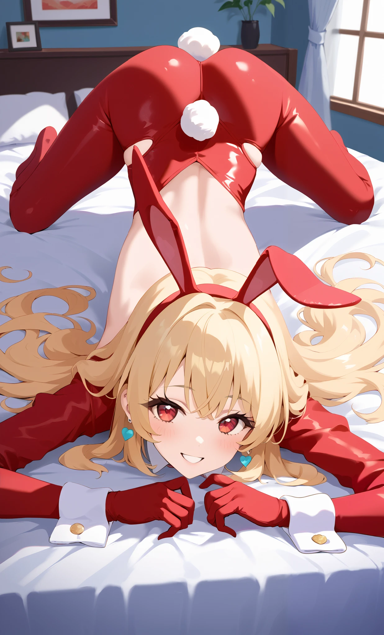 Cartoon girl wearing hot pants and animal ears lying on bed, meme costume, reverse bunny suit, one girl, reverse costume, rabbit tail, top down bottom up, tail, long sleeves,, smiling, solo, blonde, red eyes,, chest, blushing, long hair, bangs, looking at viewer, fake tail, paste, bunny ears, earrings, buttocks, animal ears, wrist cuffs, indoors, Jewelry that smiles in bed