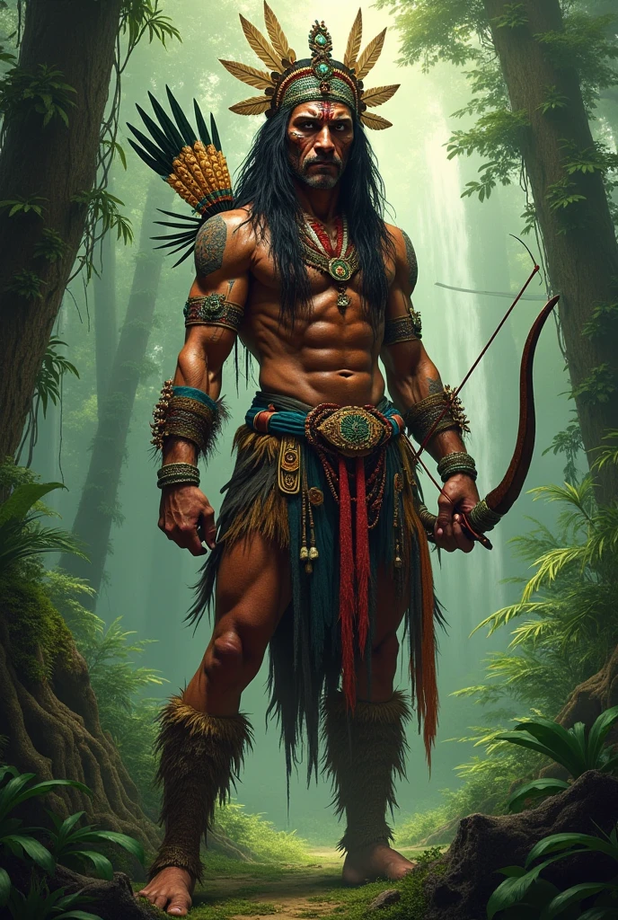 god of war, lord of battles, man with a defined body, with Latin skin, long black hair, he is naked, with a deer skin on his shoulders, a deer skull mask with horns above his head, his eyes are black and red, he is in the middle of the Amazon rainforest, naked, without clothes, with a bow and arrow in his hands, his appearance is one of anger, jungle men, naked, amazon, full body.