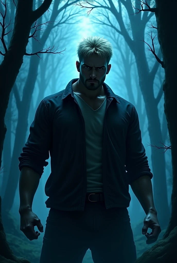 a deatailed photo of a man standing in a jungle, blue eyes, blood on his face, cloudy weater, an injured wolf in back ground, ash in place, rain falling, cinematic light, a blue neon light from left side, high quality render