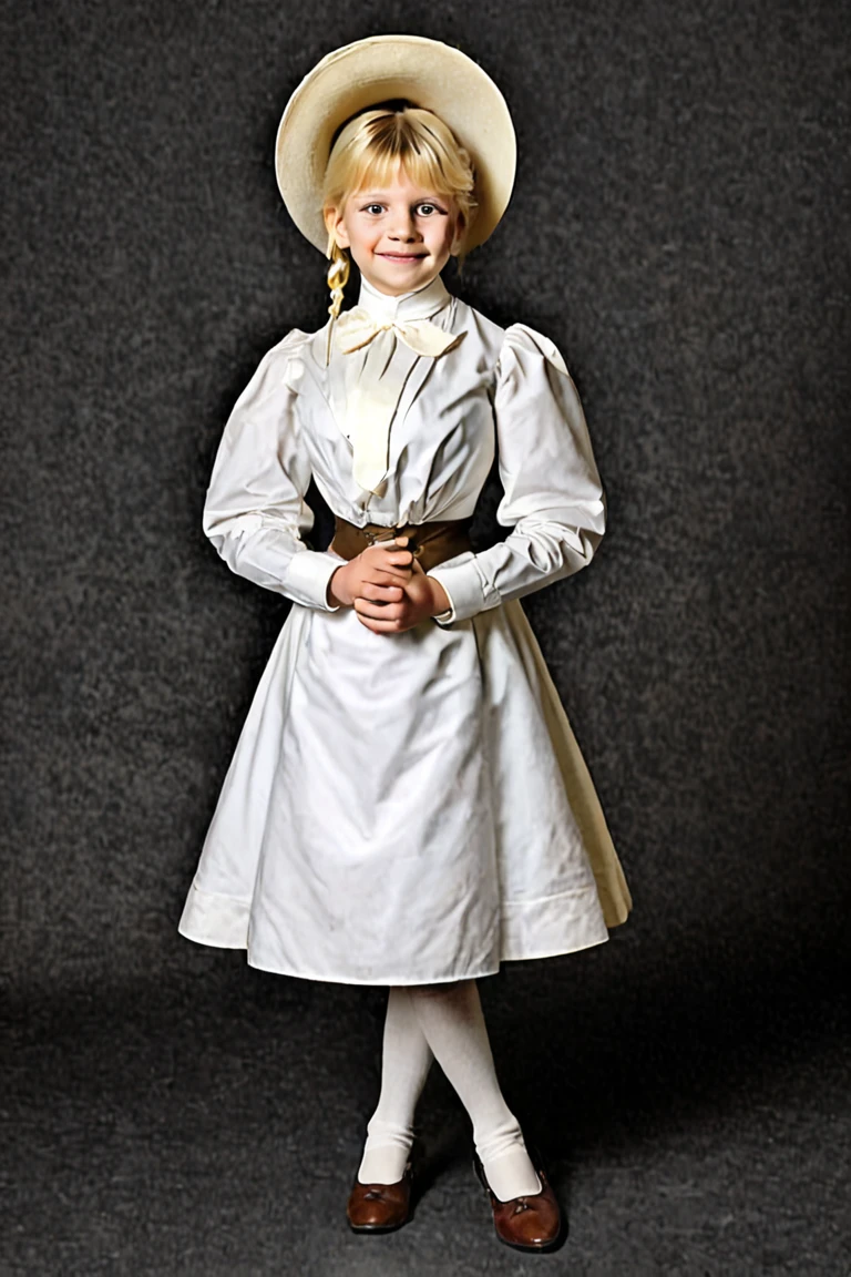 Lisa Simpson as a pretty 8yo blonde schoolgirl of the 1890s. Wearing her school uniform. All-white 1890_dr3ss. High-collar shirtwaist with long leg-o-mutton sleeves, large elegant wide-brimmed hat, short white skirt with petticoats, white silk stockings and white ankle boots