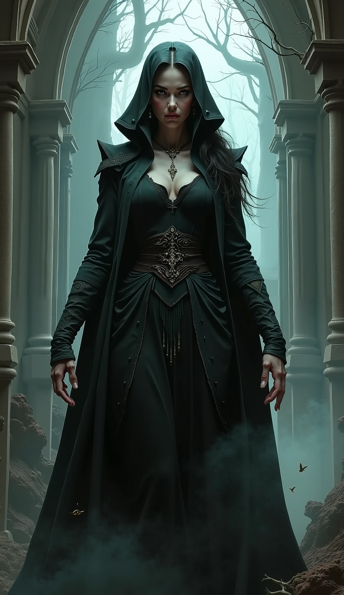 Viperess has an alluring yet sinister appearance. Her eyes are serpentine and piercing, her skin deathly pale. Her most striking feature is her long, jet-black nails and toenails that resemble deadly fangs, capable of injecting venom with a single scratch.Clothing: Viperess adorns herself in dark, flowing robes that accentuate her curvaceous figure. The robes are adorned with intricate snake-like patterns and jewels that glisten in the dim light of the underworld.full body fully clothed
