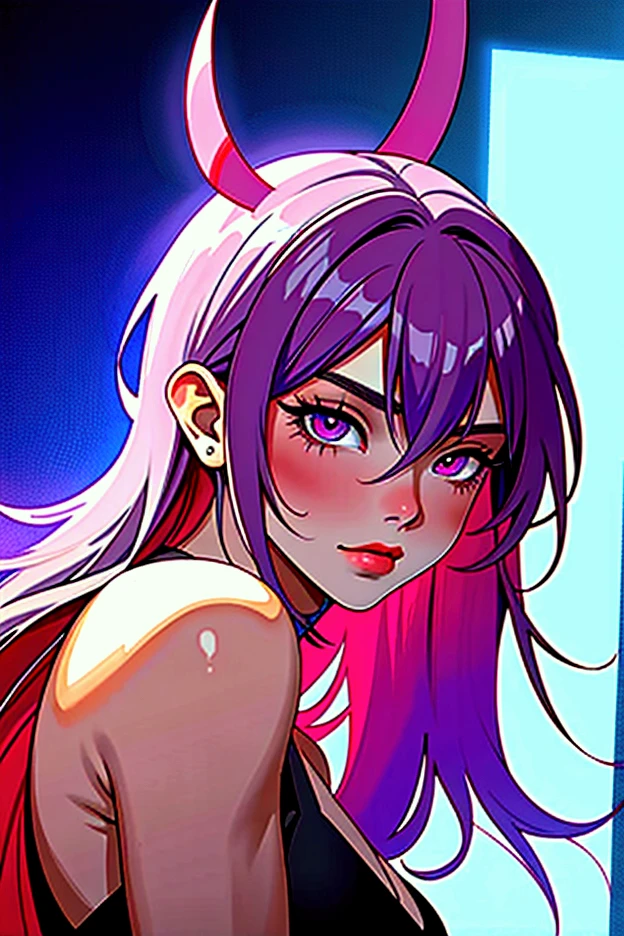 (best quality: 0.8), (best quality: 0.8), perfect anime illustration, close-up portrait of a beautiful woman walking around town very long purple hair huge breasts blush red eyes (((nsfw))) white bikini city neon night super detailed super detailed face bright eyes galaxy in eyes absurd 4k Full HD top on pixiv super well done red eyes huge download file