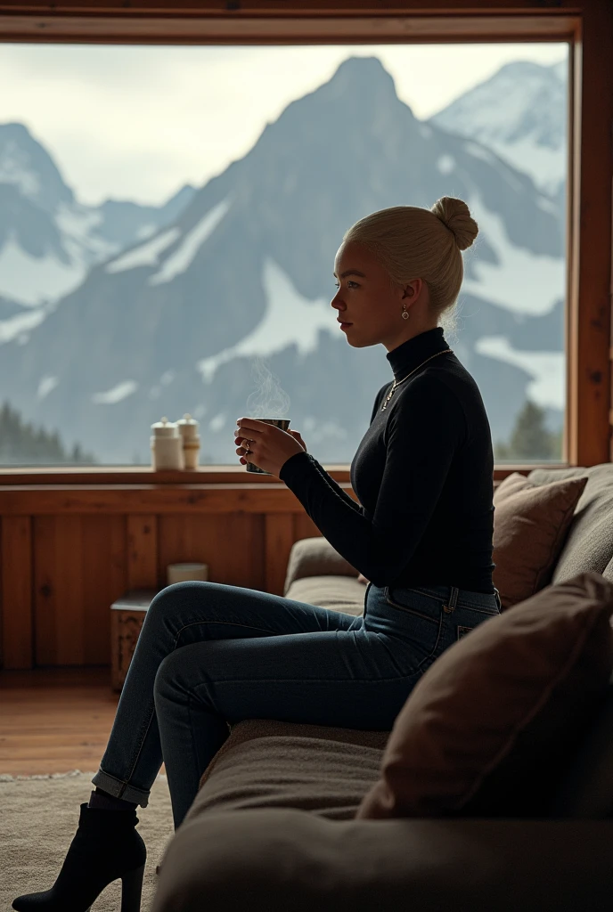 Rhaenyra Targaryen,Hair bun ,black turtleneck,demin jeans,holding a cup of tea,sitting on a couch in a mountain cabin