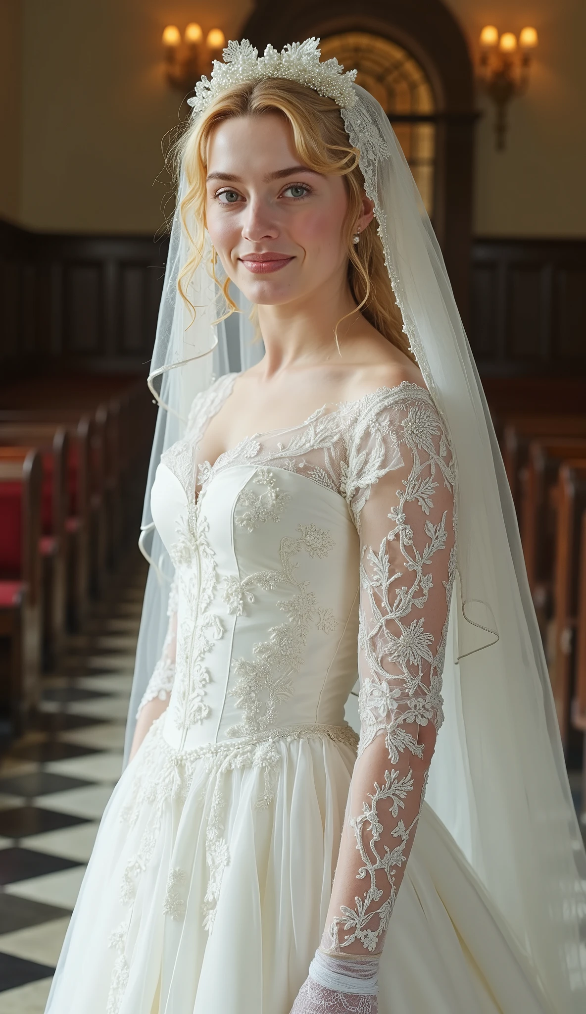 Front view, full body, standing pose, on church floor, England girls 20-age , looking at viewer, England fashion model ,(middle blonde hair, detail face, cute face, beautiful eyes, Small lips, smile, pearl earring , pearl neck less), (middle breasts, middle hip, slender body),(White Wedding long dress with embroidery, and white see-through veil, white lace long glove, white stocking, white hi-heal), (masterpiece, Best Quality, high resolution on down, Realistic, sharp, RAW photos from the last century, wallpaper, perfection, Professional Lighting, very detailed)