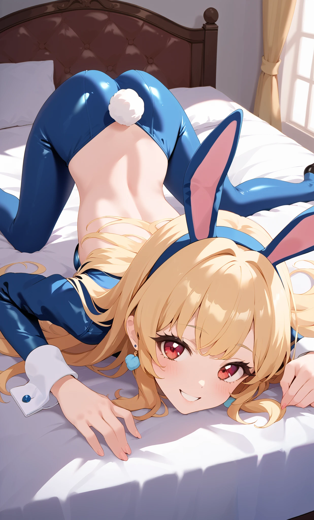 Cartoon girl wearing hot pants and animal ears lying on bed, meme costume, reverse bunny suit, one girl, reverse costume, rabbit tail, top down bottom up, tail, long sleeves,, smiling, solo, blonde, red eyes,, chest, blushing, long hair, bangs, looking at viewer, fake tail, paste, bunny ears, earrings, buttocks, animal ears, wrist cuffs, indoors, Jewelry that smiles in bed