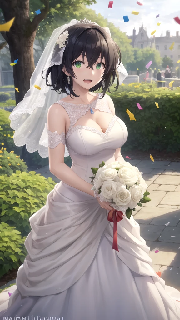 (masterpiece:1.2, highest quality, Ultra-high resolution, Super detailed), (Realistic, photoRealistic:1.4), Beautiful illustrations, (Natural Side Lighting, Cinema Lighting), Depth of written boundary,
View your viewers, Bust photo, 1 girl, 16 years old, Perfect Face, (Perfect Anatomy), Cute and symmetrical face, Baby Face, Shiny skin, 
(short hair:1.5, Half Up:1.5, Brown Hair), Hair between the eyes, blue eyes, Pink Lips, Long Eyelashes, (Large Breasts:1.3), 
Beautiful Hair, Beautiful Face, Beautiful fine details, Beautiful clavicle, Beautiful body, Beautiful breasts, Beautiful thighs, Beautiful feet, Beautiful fingers, 
Detailed cloth texture, wedding princess dress, Head flower, Head ornament, (Bandeau wedding dress:1.5), (Silk dress:1.2), (Strapless Wedding Dress:1.5), 
plain white dress, necklace, Earrings, Cleavage, bouquet, (Lace gloves:1.2), (Bridal Veil:1.2),(Short transparent veil:1.2), 
(Beautiful views), evening, (garden, Cherry Blossom, Outside the church) Are standing, (Smile, blush), 