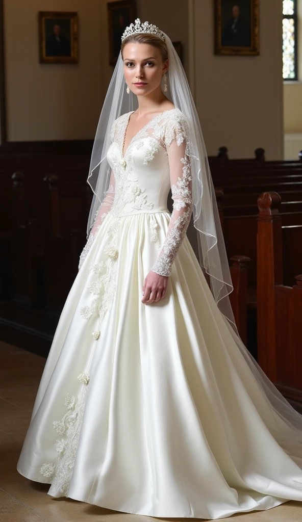 Front view, full body, standing pose,  on church floor, England girls 30-age , looking at viewer, England fashion model ,(middle blonde hair, detail face, cute face, beautiful eyes, Small lips, smile, pearl earring , pearl neck less), (middle breasts, middle hip, slender body),(White  Wedding long dress with embroidery, and white see-through veil, white lace long glove, white stocking,  white hi-heal), (masterpiece, Best Quality, high resolution on down, Realistic, sharp, RAW photos from the last century, wallpaper, perfection, Professional Lighting, very detailed)