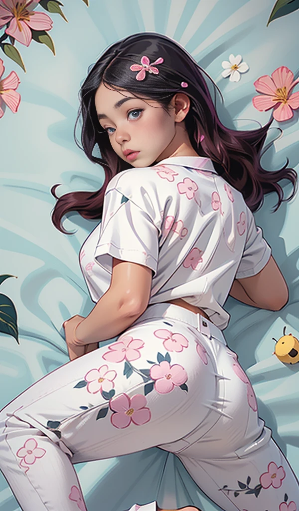 (( maSterpiece,  de alta calidad,  high reSolution,  Fondo de pantalla unificado de 8K muy detallado  )),  beautiful JapaneSe girl ,  AweSome JapaneSe girl ,  Acostado en la cama , ( Lying in white SheetS ,  He wearS an overSized Shirt and pajama pantS with a pink floral print.:1.5), S, luz de luna, Night Situation,  dormitorio, High brightneSS light, More detailS, Sleepy eyeS, Saggy breaSt,  gran trasero,  viSible thighS,  Seen from behind, The buttockS are emphaSized,  Showing her aSS,  Tumbado (SpreadS her legS), propenso,  Shallow depth of field  