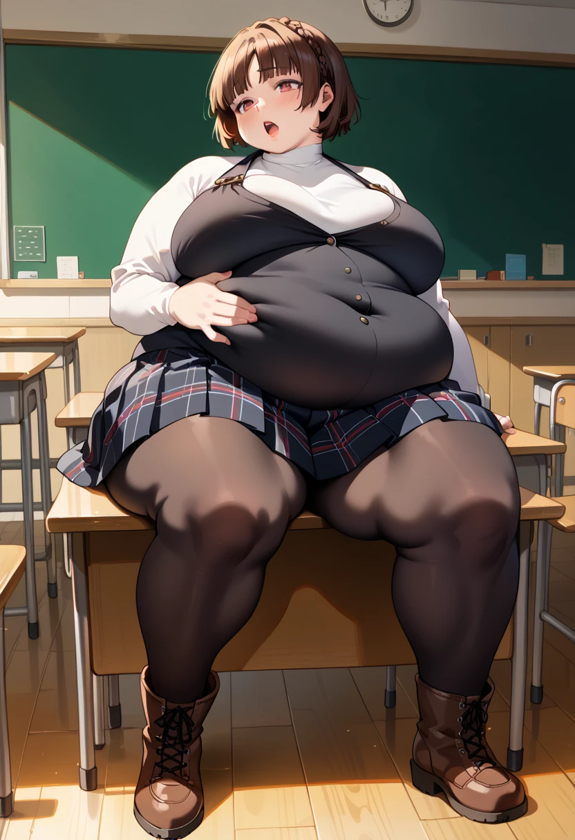 score_9, score_8_superior, score_7_superior, score_6_superior, sauce_anime, Low - Angle, From below, One girl, 1人のmaleの子, duo, big_female, small_male, size_difference, Sitting, Looking down, Look forward, obesity, ssbbw, break, Dominant, She eats a lot of food, Blonde, high school girl, Very large breasts, Very huge legs, Very huge ass, Very large body, excited