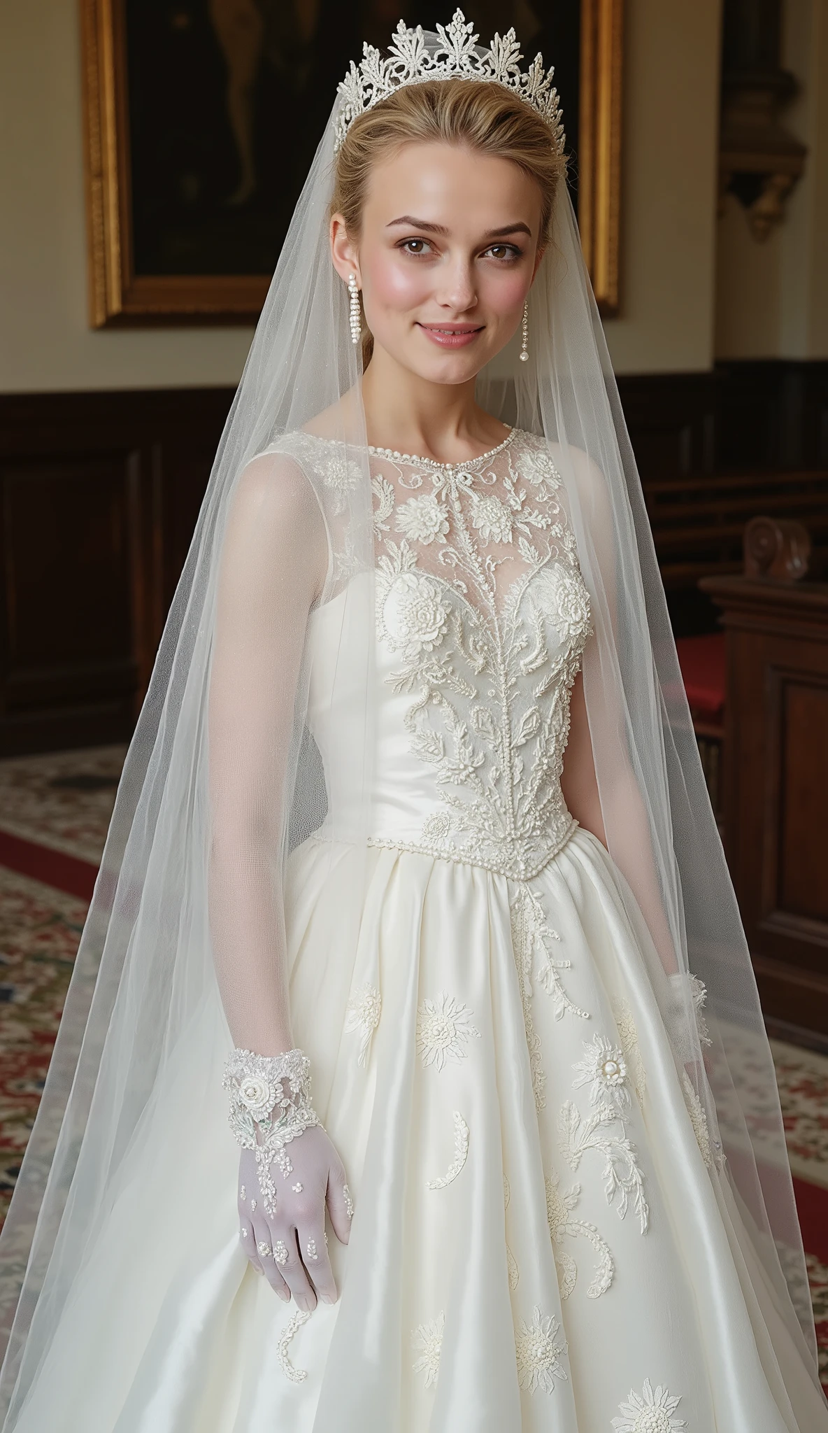 Front view, full body, standing pose,  on church floor, England girls 30-age , looking at viewer, England fashion model ,(middle blonde hair, detail face, cute face, beautiful eyes, Small lips, smile, pearl earring , pearl neck less), (middle breasts, middle hip, slender body),(White  Wedding long dress with embroidery, and white see-through veil, white lace long glove, white stocking,  white hi-heal), (masterpiece, Best Quality, high resolution on down, Realistic, sharp, RAW photos from the last century, wallpaper, perfection, Professional Lighting, very detailed)