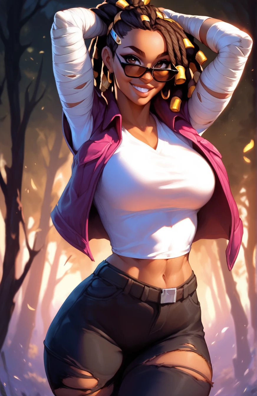 score_9, score_8_up, score_7_up, score_6_up, 1girl, dynamic pose, cowboy shot, looking at viewer, smile, sexy pose, dark forest, low light, light smile, night, arms up, ClaudetteMorel, dark skin, glasses, brown hair, black eyes, dreadlocks,, pink shirt, pocket, bandaged arm, torn pants, jsc,
