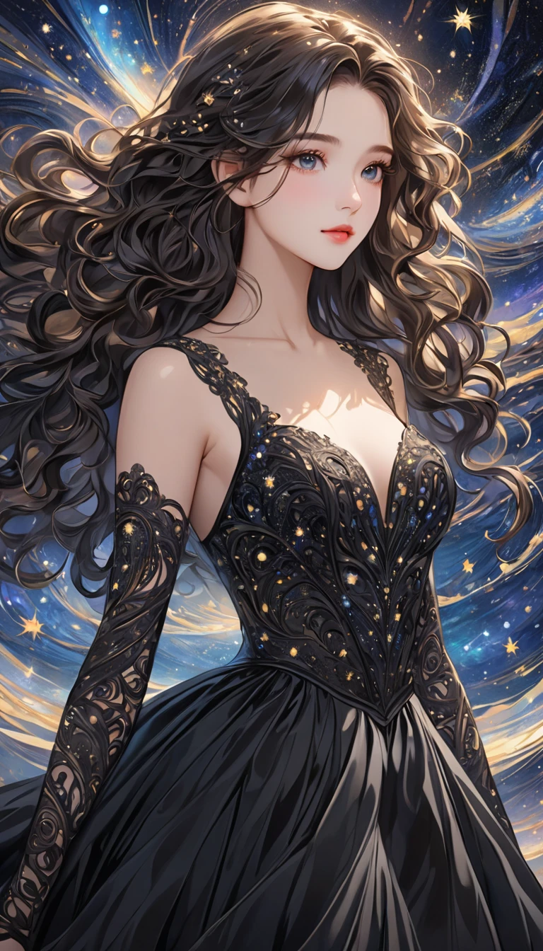 Masterpiece,  best quality , 8k,  detailed illustrated art  ,  one young girl who can't see the stars,  Very beautiful and orderly face , best black gowns ,  wavy hair, Visually beautiful depiction  ,  Background is abstract and intricate depiction ,
