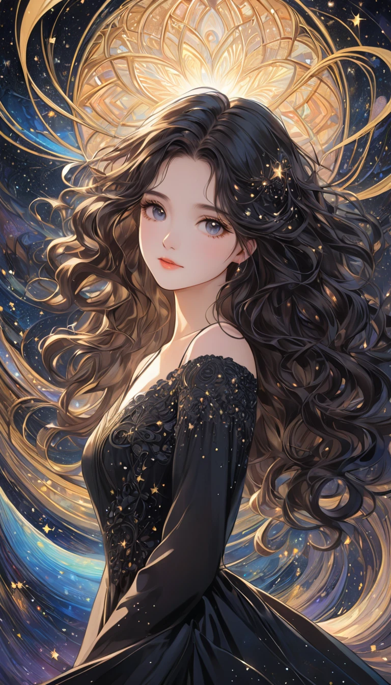 Masterpiece,  best quality , 8k,  detailed illustrated art  ,  one young girl who can't see the stars,  Very beautiful and orderly face , best black gowns ,  wavy hair, Visually beautiful depiction  ,  Background is abstract and intricate depiction ,
