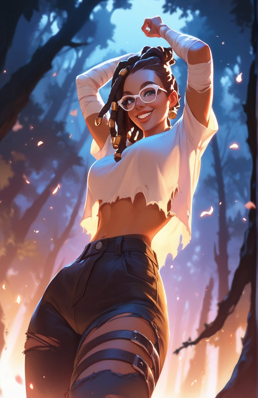 score_9, score_8_up, score_7_up, score_6_up, 1girl, dynamic pose, cowboy shot, looking at viewer, smile, sexy pose, dark forest, low light, light smile, night, arms up, ClaudetteMorel, dark skin, glasses, brown hair, black eyes, dreadlocks,, pink shirt, pocket, bandaged arm, torn pants, from below,
