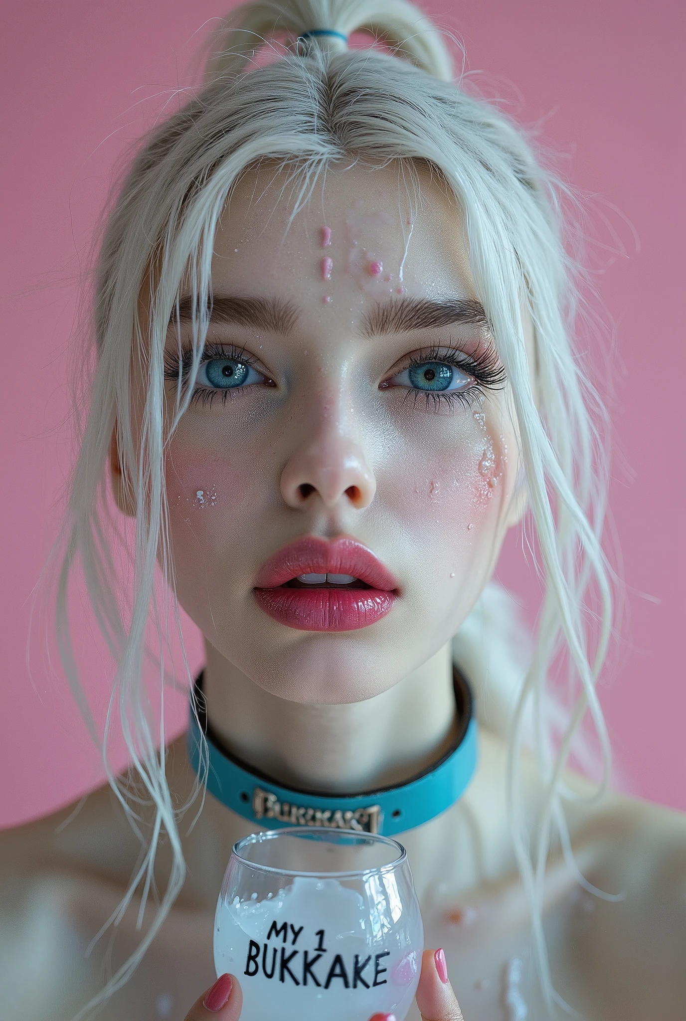 Beautiful young albino girl with bright blue eyes, long straigt hair with a ponytail bind up, light bright pink plane background , porcelain skin , (Thick turqouse leather choker with silver text "BUKKAKE"), Cumface teenh lots of white, sticky, wet, Here Mouth is slitly open and she got Cum in here mouth, white transucent cum all over here face, (Cum on face), Cum on forehead, Dripping cum, (she is holding small matini glass just under here narrow chin with the text " MY 1 BUKKAKE" whitten in black on the glass), the clear glass is staind with white sticky cum, Ultra detaild skin,slighty freckles, photo ultra-realistic, hyper-detailed , Vogue photo shoot , cinematic, narrow cute cheek, big lfull ips with glossy pink lipstick, long eyelashes, pink blush on here cheeks,