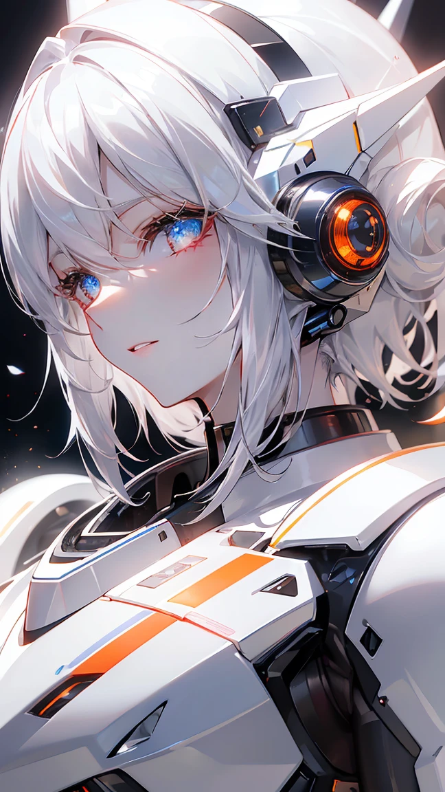 ((silver)), short hair , Bloodshot eyes, Cinema Lighting, Bust Chart, retina, ( High Quality ), Accurate, ((最 High Quality )), perfect detail, ((Natural white skin, )),16k, Astronaut, Scattering Dust ,She's looking at us, Futuristic headphones,　Orange space suit