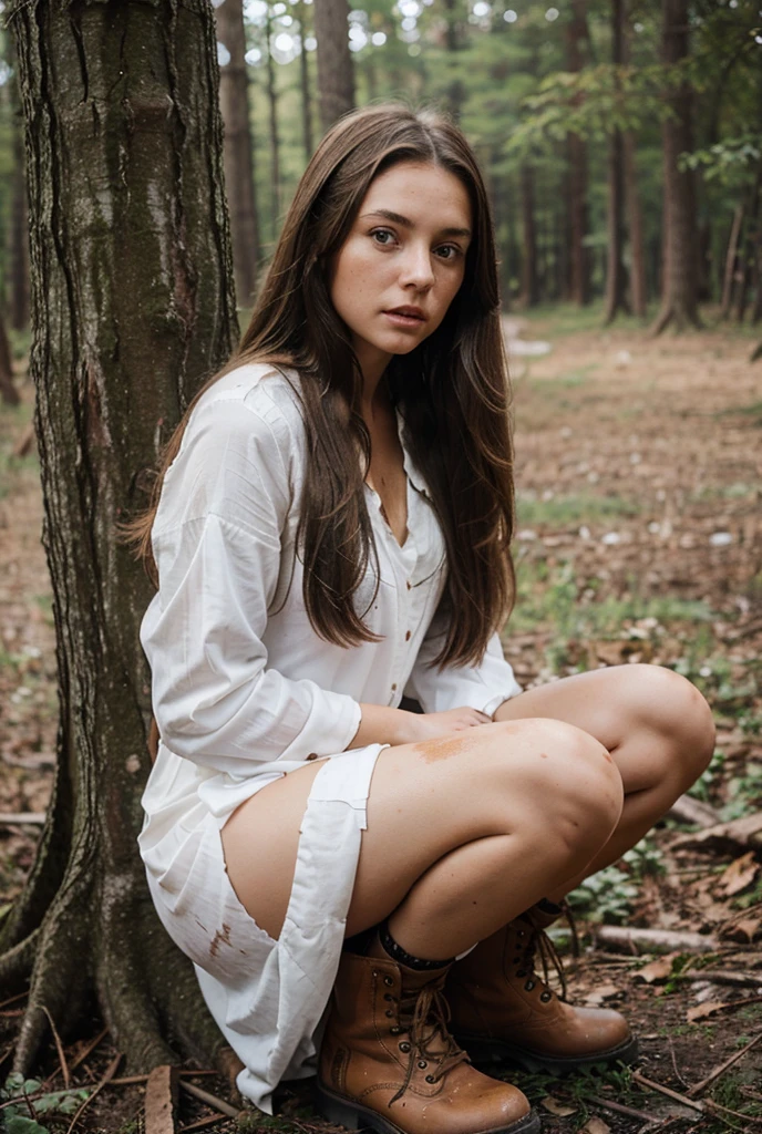 Beautiful young girl in the forest, with long hair, a big gray wolf sits nearby