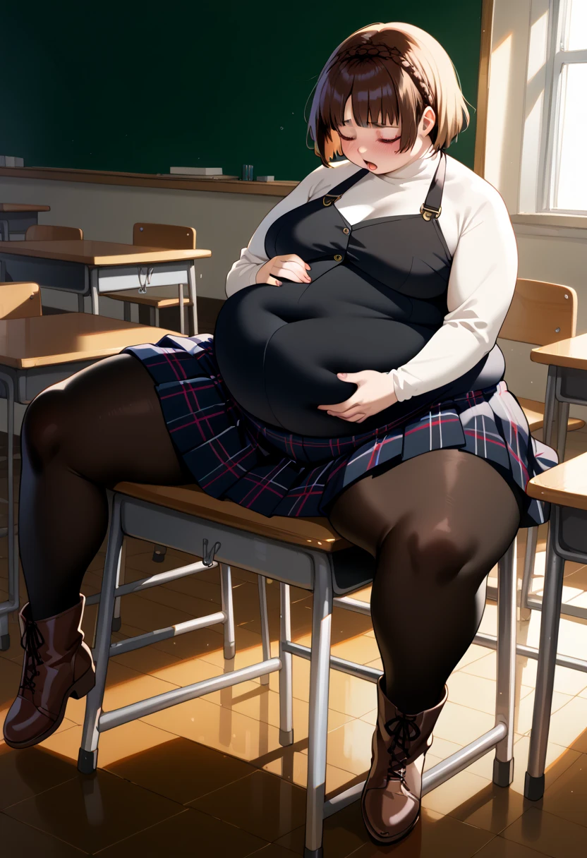 score_9, score_8_up, score_7_up,source_anime, 1girl, solo, defMako, short hair, crown braid, white turtleneck, long sleeves, black vest, plaid pleated skirt, black pantyhose, brown boots, hanging belly, belly, immobile, ,obese, fat, fat rolls, big belly, thick arms, thick thighs, bellyfat, morbidly obese, she has a massive jiggly round fat belly, wide hips, chubby, very curvy, pudgy belly, heavy belly, thick, thick, soft belly, sexy hips, legs spread apart, ((massive hips)), (big belly), big breasts, chubby arms, belly rolls, hand on belly, reclining backwards, moaning, sitting down, sitting on desk, classroom, indoors, full body, blushing, from side, 
