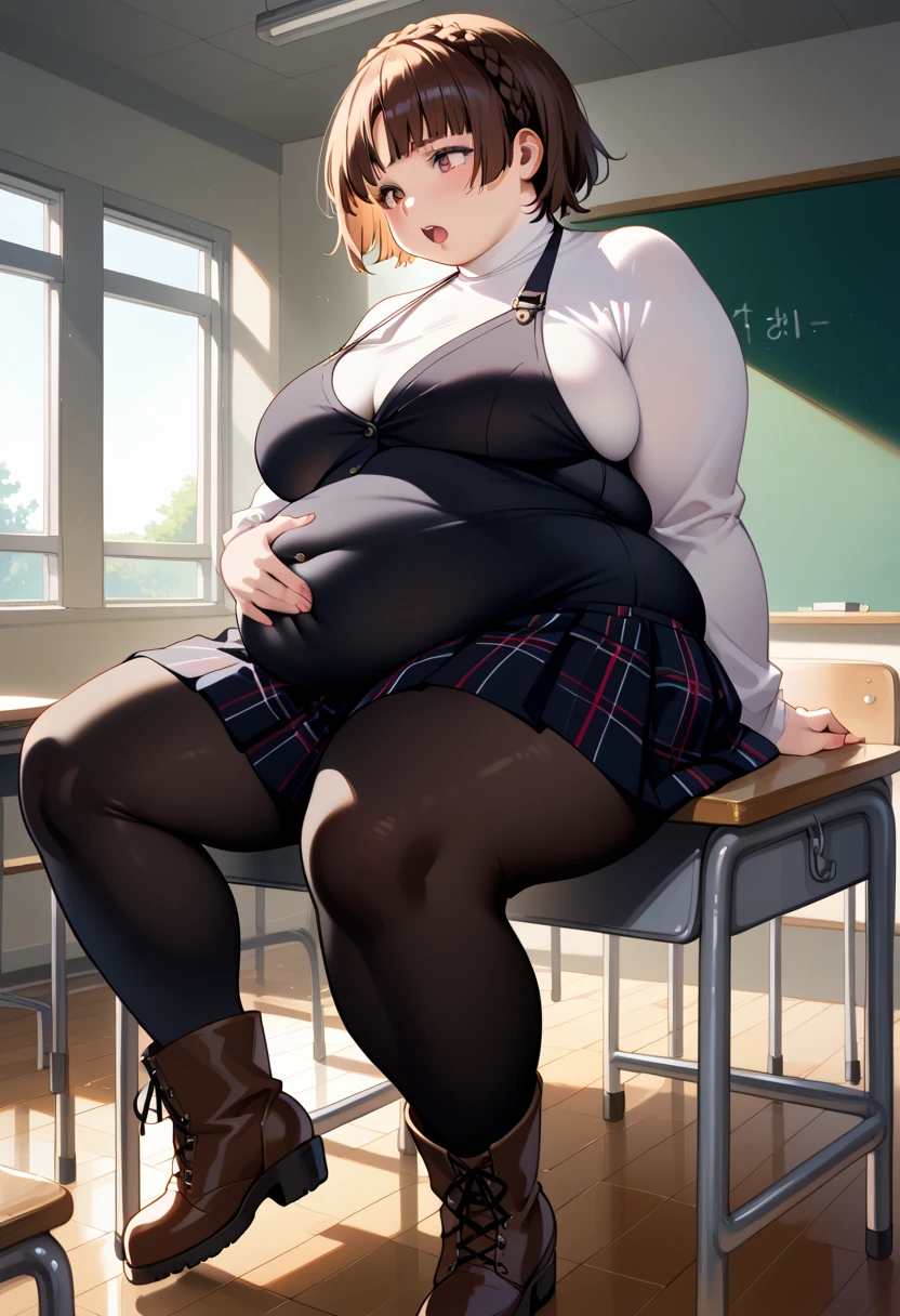 (masterpiece, best quality, highres, absurdres), 1girl, big belly, chubby arms, thighs, art by kipteitei, takebadef, uniform, pink cardigan, bow, skirt, choker, earrings, chubby, embarrassed, flushed, sitting down with legs together, poking belly, tight shirt