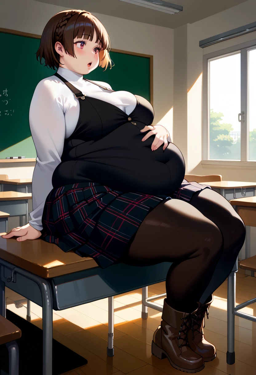 score_9, score_8_up, score_7_up,source_anime, 1girl, solo, defMako, short hair, crown braid, white turtleneck, long sleeves, black vest, plaid pleated skirt, black pantyhose, brown boots, hanging belly, belly, immobile, ,obese, fat, fat rolls, big belly, thick arms, thick thighs, bellyfat, morbidly obese, she has a massive jiggly round fat belly, wide hips, chubby, very curvy, pudgy belly, heavy belly, thick, thick, soft belly, sexy hips, legs spread apart, ((massive hips)), (big belly), big breasts, chubby arms, belly rolls, hand on belly, reclining backwards, moaning, sitting down, sitting on desk, classroom, indoors, full body, blushing, from side, 
