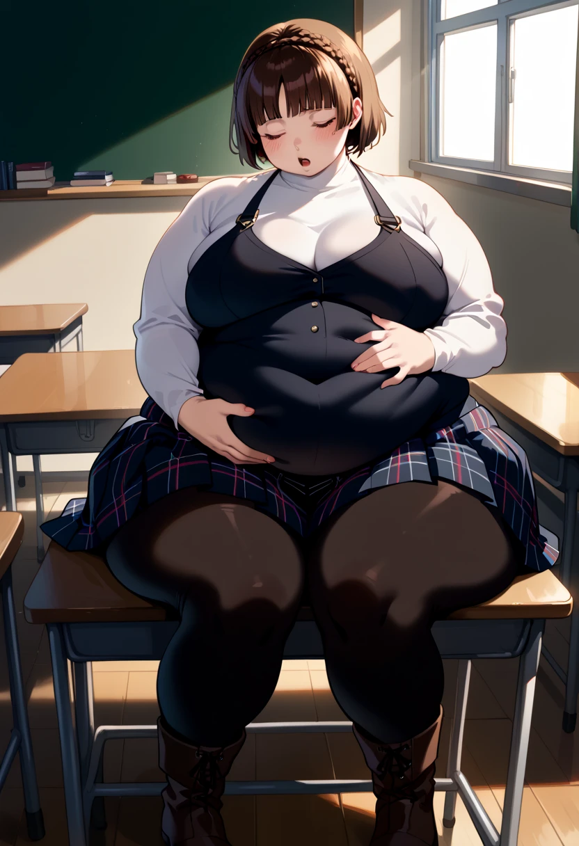 (masterpiece, best quality), 1girls, big belly, blurry background, huge belly, art by kipteitei, round belly, chubby, curvy, curly hair, brown hair, white button-up shirt, skirt, thighhighs, simple_background, gradient_background, belly bursting out of shirt, belly grab, enormous belly, fat belly, thicc, bigger belly, sitting on chair, really big belly, jiggly belly, shirt covering belly, belly cover by shirt