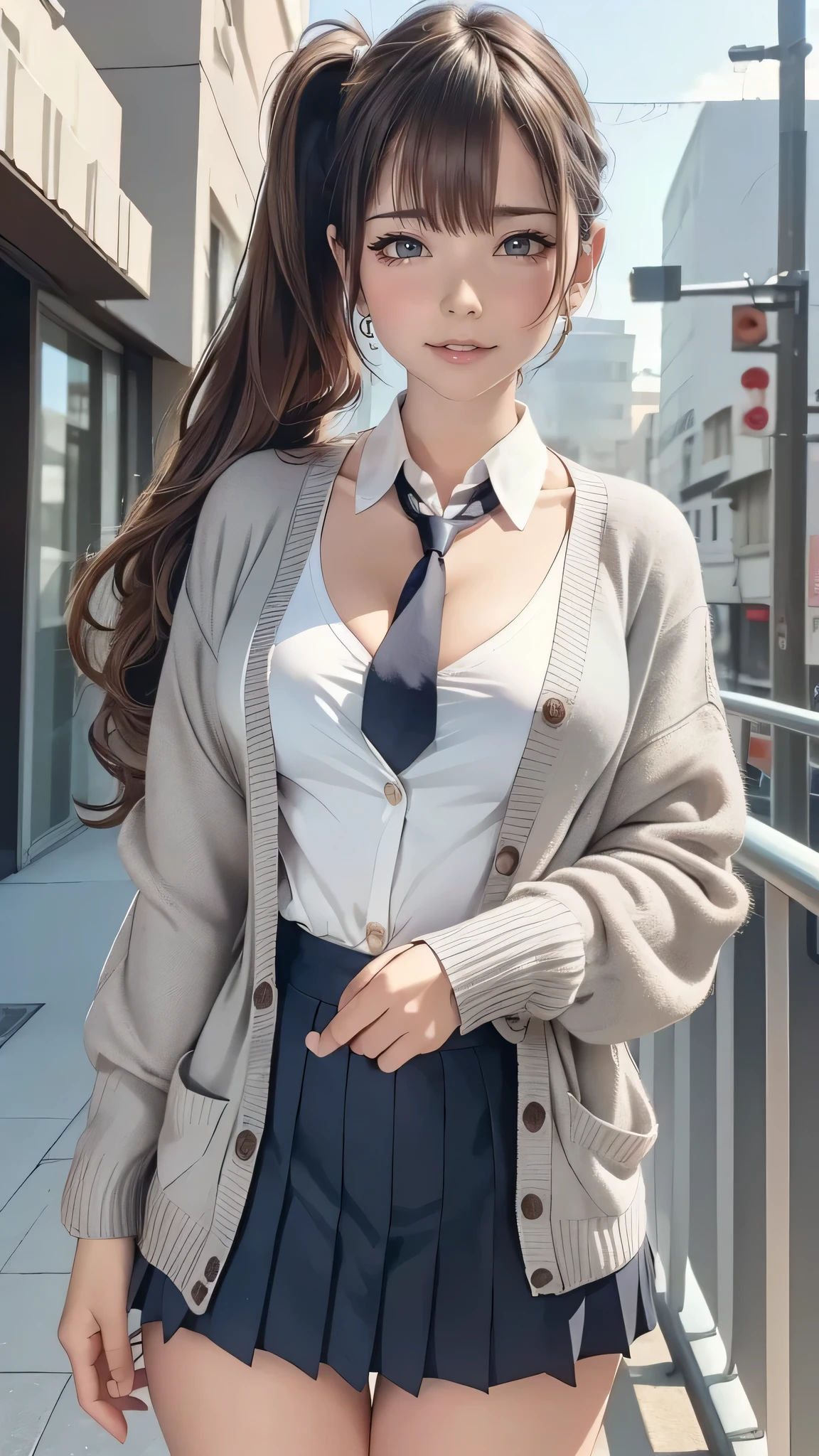 (masterpiece:1.2, top-quality), (realistic, photorealistic:1.4), beautiful illustration, (natural side lighting, movie lighting),
looking at viewer, cowboy shot, front view:0.6, 1 girl, japanese, high school girl, perfect face, cute and symmetrical face, shiny skin,
(long hair:1.4, high ponytail:1.7, light brown hair), hair between eye, dark brown eyes, long eye lasher, (large breasts:0.6, seductive thighs),
beautiful hair, beautiful face, beautiful detailed eyes, beautiful clavicle, beautiful body, beautiful chest, beautiful thigh, beautiful legs, beautiful fingers,
((long sleeve white collared shirts, navy pleated miniskirt, navy tie, light grey cardigan)), pink panties,
(beautiful scenery), evening, riverside, walking, (lovely smile, upper eyes),
