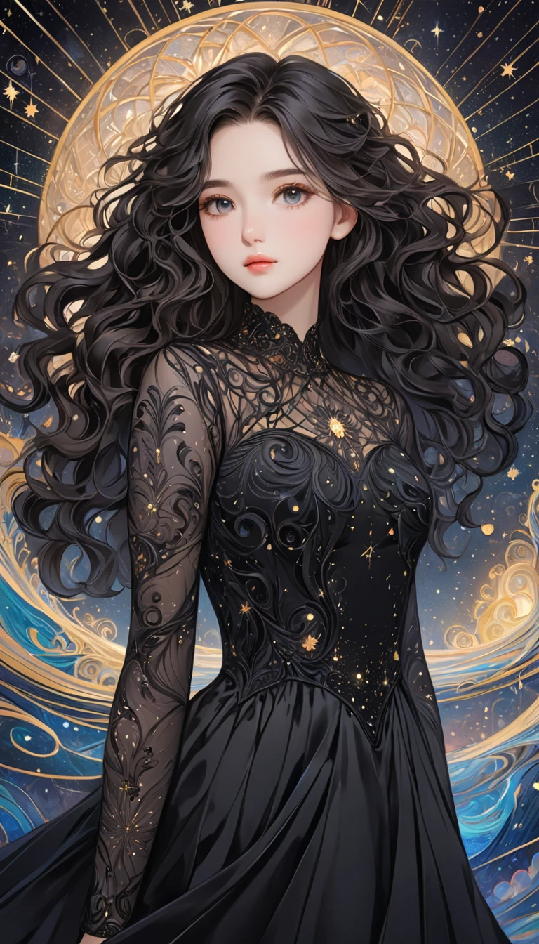 Masterpiece,  best quality , 8k,  detailed illustrated art  ,  one young girl who can't see the stars,  Very beautiful and orderly face , best black gowns ,  wavy hair, Visually beautiful depiction  ,  Background is abstract and intricate depiction ,
