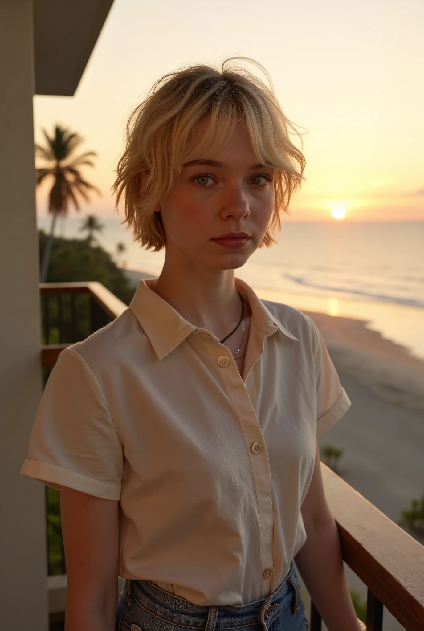 ((Best Quality)) ,((masutepiece)),((hight resolution)),((photorealestic:1.4)), ((RAW photo)),(8K), (1 girl Emma Myers at ** ),((photo of a  girl )(Emma Myers at **), (Shirt), (Blonde woman with very short shaggy hair), (extremely short hair), ((so sexy)), ((very extremely beautiful)), hotel balcony in the tropics,  face , actress Sophie Grace at **, looks into the ocean, Slender, Thin, sculpted hips ,graceful knees, short shorts for small butts , beautiful view from the balcony to the ocean and palm trees, sunset over the ocean, Realistic light, eye shadow, Bottom-front view in (Half-turn) ,very thin and slender girl, girl looking to the right of the camera,(Actress Emma Myers at **)