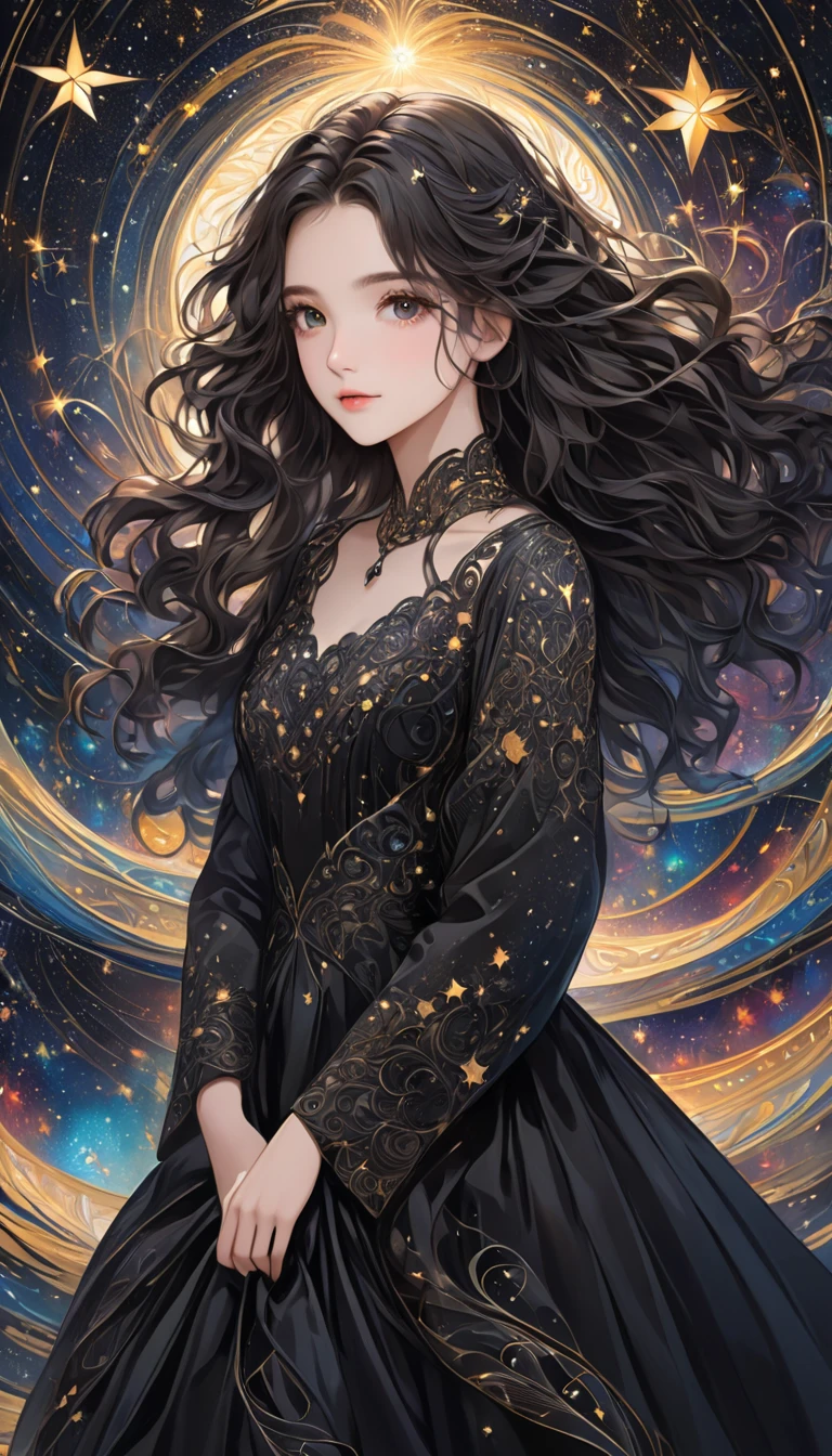   one young girl who can't see the stars,  Very beautiful and orderly face , best black gowns ,  wavy hair, Visually beautiful depiction  ,  Background is abstract and intricate depiction ,　Masterpiece,  best quality , 8k,  detailed illustration art  ,
