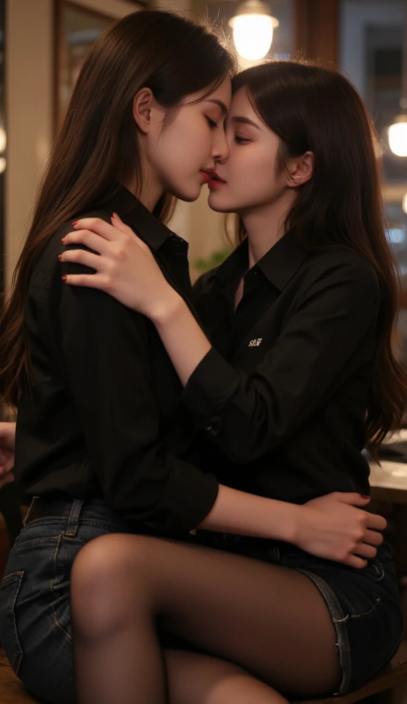 beautiful smiling asian woman with long sharp nails, sitting on the chair, wearing black shirt and mini jeans, night cafe, tongue kissing another female, lesbian