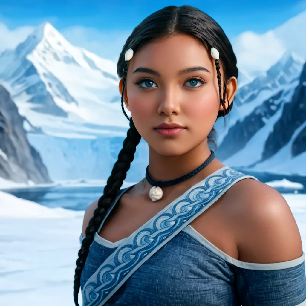 /image type=(photorealistic, cinematic) , /person=(Katara, Avatar: The Last Airbender, anime, detailed face, almond eyes, blue eyes:1.2, dark skin:1.4, braids, peach breasts:1.2, heart butt:1.2, thick thighs:1.4, big ass:1.2, cleavage, seductive expression) , /Scenary=(North Pole, snow mountains, water, room, home, dot, artgerm, illustration, masterpiece, high definition) , /camera angle=(3/4, close-up) , /camera lens=(24mm, f/2.0) , /render quality=(8k, high detail, perfect lighting, realistic details, symmetrical body)
