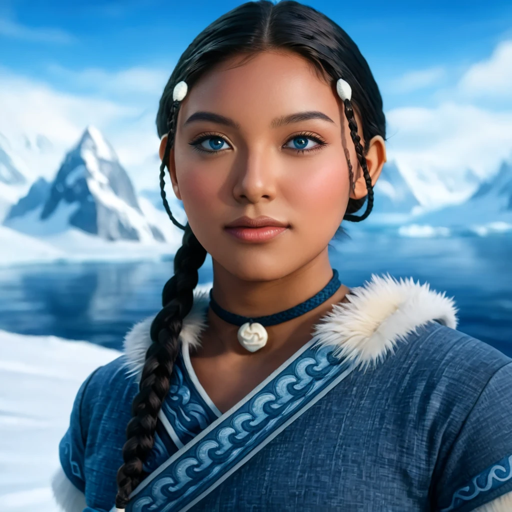 /image type=(photorealistic, cinematic) , /person=(Katara, Avatar: The Last Airbender, anime, detailed face, almond eyes, blue eyes:1.2, dark skin:1.4, braids, peach breasts:1.2, heart butt:1.2, thick thighs:1.4, big ass:1.2, cleavage, seductive expression) , /Scenary=(North Pole, snow mountains, water, room, home, dot, artgerm, illustration, masterpiece, high definition) , /camera angle=(3/4, close-up) , /camera lens=(24mm, f/2.0) , /render quality=(8k, high detail, perfect lighting, realistic details, symmetrical body)
