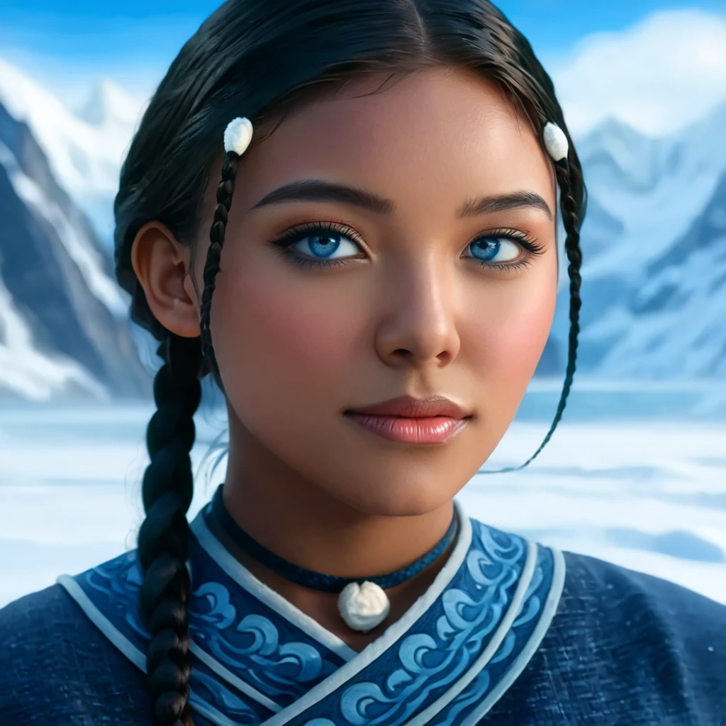 /image type=(photorealistic, cinematic) , /person=(Katara, Avatar: The Last Airbender, anime, detailed face, almond eyes, blue eyes:1.2, dark skin:1.4, braids, peach breasts:1.2, heart butt:1.2, thick thighs:1.4, big ass:1.2, cleavage, seductive expression) , /Scenary=(North Pole, snow mountains, water, room, home, dot, artgerm, illustration, masterpiece, high definition) , /camera angle=(3/4, close-up) , /camera lens=(24mm, f/2.0) , /render quality=(8k, high detail, perfect lighting, realistic details, symmetrical body)
