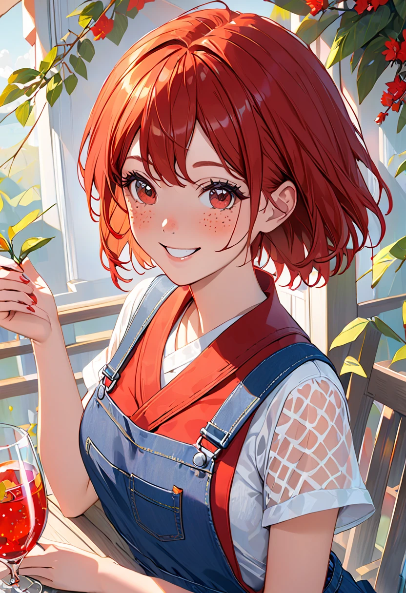  1 girl, Short Red Hair, glass, Freckles,   overalls,   smiles,  