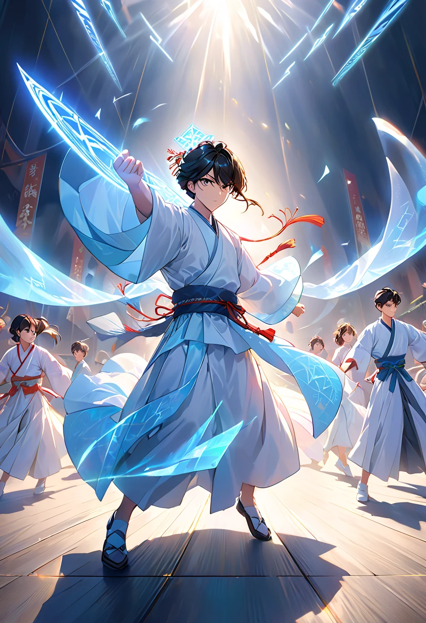  Attractive Chinese Boys and Girls Competition,  full body, Combat Stance, Sharp Eye, Distinct facial features, wearing Hanfu, Runes,  holographic reality ,  holographic halo ,  motion blur, Game Light Effects , Edge light, Soft light, movie Edge light,  Delicate Light 