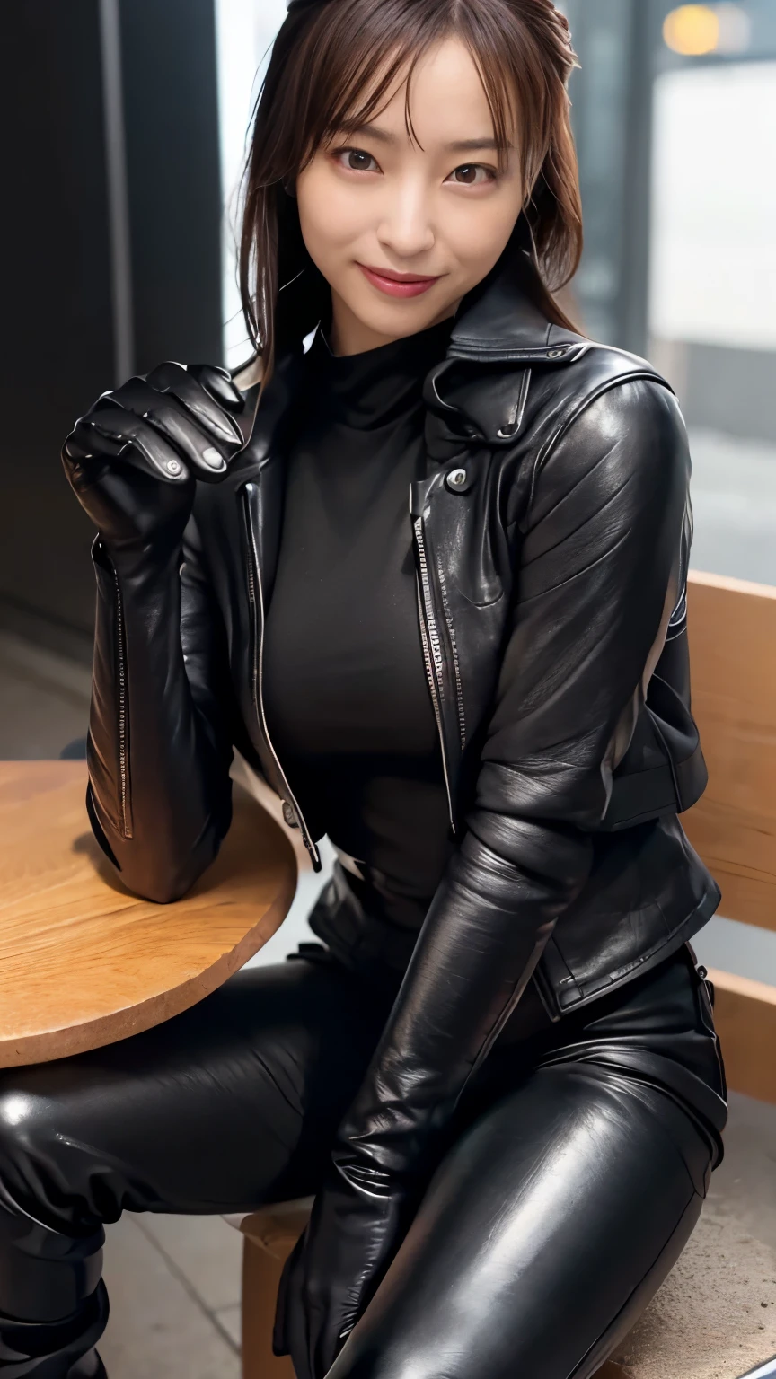 ( glossy black leather riders jacket:1.2), Office in the Dark, Black leather gloved fingertips on both hands,Wearing black leather gloves,Sitting in a black leather chair、 Japanese female new recruits (Black leather gloves cover both hands:1.4) (The angle is in front )、Black Leather Pants,Black Leather Black Leather Pants, black leather skinny pants 、(very tight fit:1.4). Black long leather boots on both feet、 dark hair ponytail ((She wears black leather gloves on her hands:1.4))(Full Body Photo:1.3), full body shot full body full body leather suit ,☺(Long boots plus leather pants boots in :1.7)、Full body shot from head to toe、very tight fit. Wearing black leather gloves,Wearing black leather gloves,Wearing black leather gloves,Wearing black leather gloves,Wearing black leather gloves,Wearing black leather gloves,黒のレザーパンツが美しい😍黒のレザーパンツが美しい😍黒のレザーパンツが美しい,😍こちらを見ながら笑faceで微笑んでる,City lights、(Cyberpunk City Street:1.3))、 detailed lighting、
best image quality 、 ultra high definition、( realism:1.4)、Korean Beauty Star、The most beautiful KPOP stars、face、Horny Korean Makeup、A body that makes you want to touch it、Realistic leather texture、Costume made of smooth leather fabric、The drape of the curved parts of the leather fabric、The costume is very shiny、Quality of the costume、8K Photo Quality、(shy Smile:1.4)
